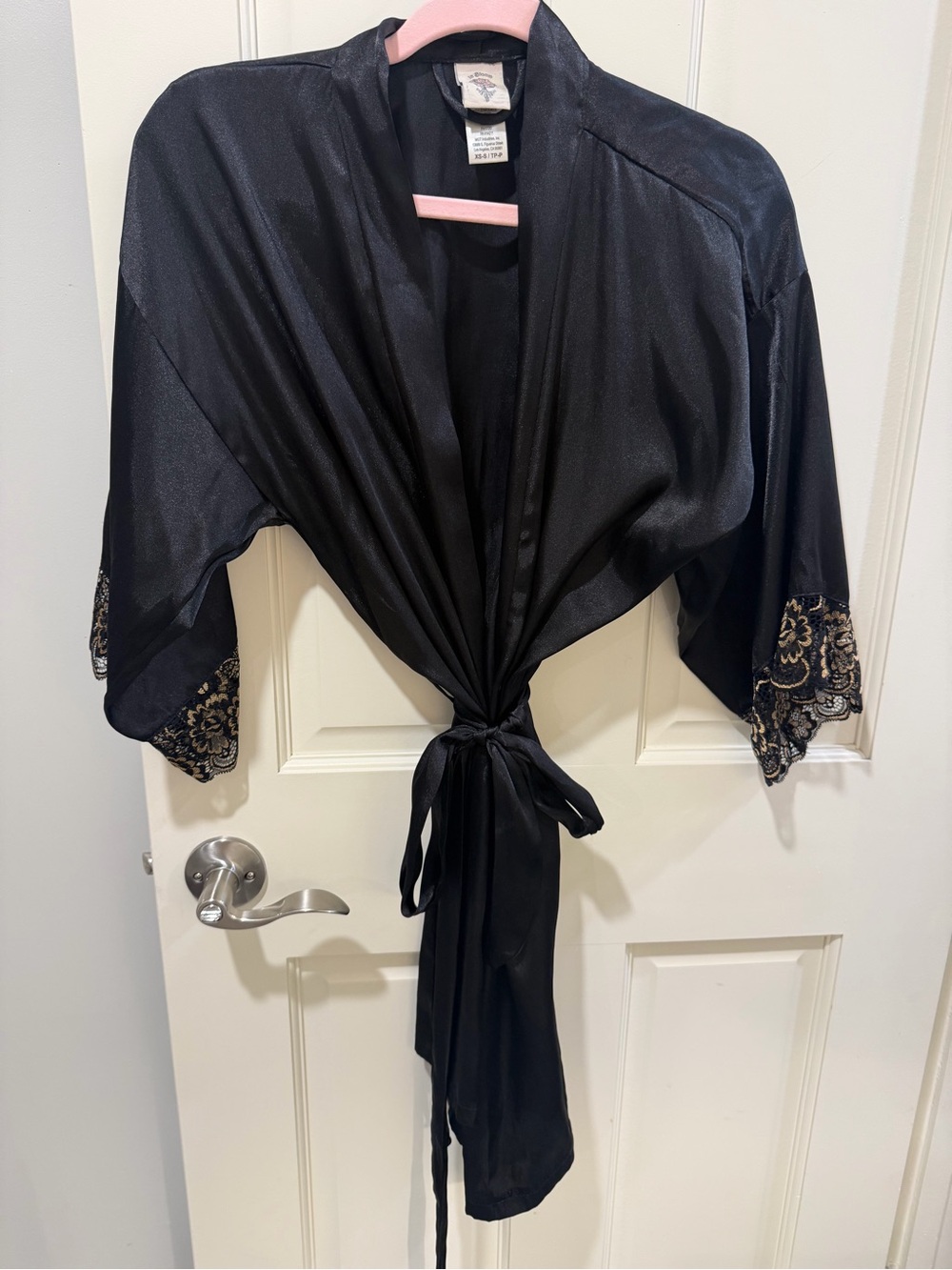 In Bloom by jonquil Black Satin Tie-Front robe with Lace Trim